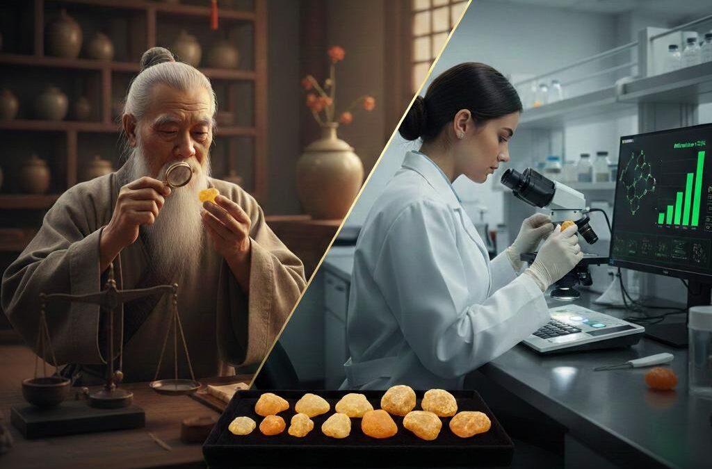 Ilustração comparando a tradição da medicina chinesa e a análise científica de cálculos biliares bovinos